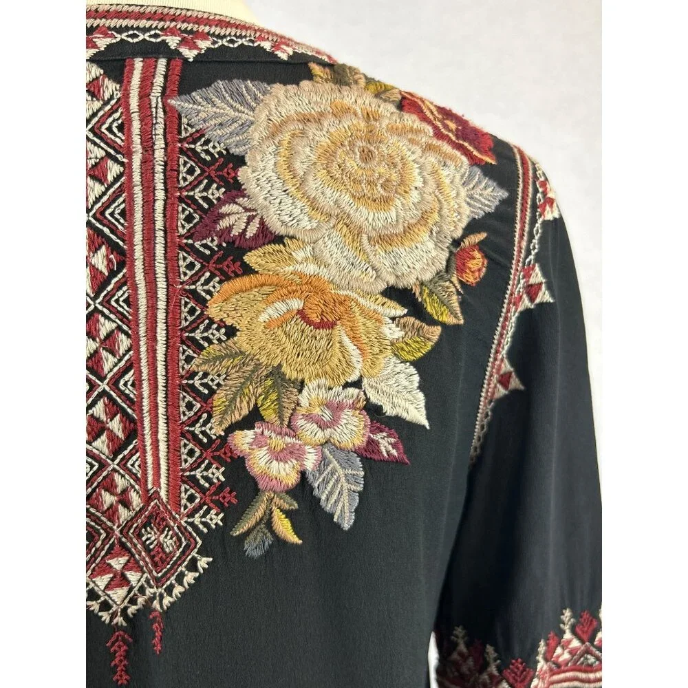 Johnny Was Black Embroidered Floral Silk Tunic Dress Womens S Artemis - Picture 11 of 13